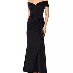 Xscape Black Off the Shoulder Ruffle Scuba Gown